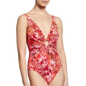 NWT Carmen Marc Valvo Women's Deep V-Neck One Piece Swimsuit, coral reef-Size10